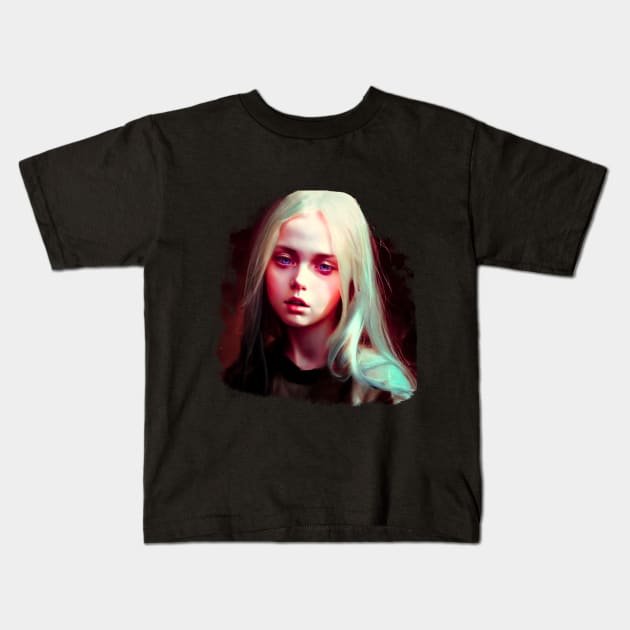 Beautiful portrait of a fantasy girl looking desperately shocked by mind-boggling events Kids T-Shirt by Quileos